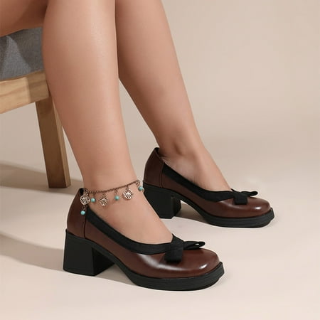 

Cathalem Ladies Fashion Solid Color Leather Round Head Bow Shallow Mouth Leather Shoes Thick High Heel Casual Women Size 12 Shoes Brown 8