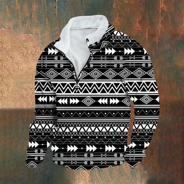 Blusa y camisa de manga larga con cuello alto para hombre, sudadera informal con capucha, estampado étnico retro, cuello alto, cremallera, manga larga, holgada, con bolsillos, blusa para hombre