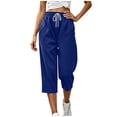 thumbnail image 6 of VBVC Women's Drawstring Waffle Cropped Pants , Summer Straight Leg Trousers For Women , Ladies' Casual Loose Capris with Pockets, Blue , S-2XL, 6 of 9
