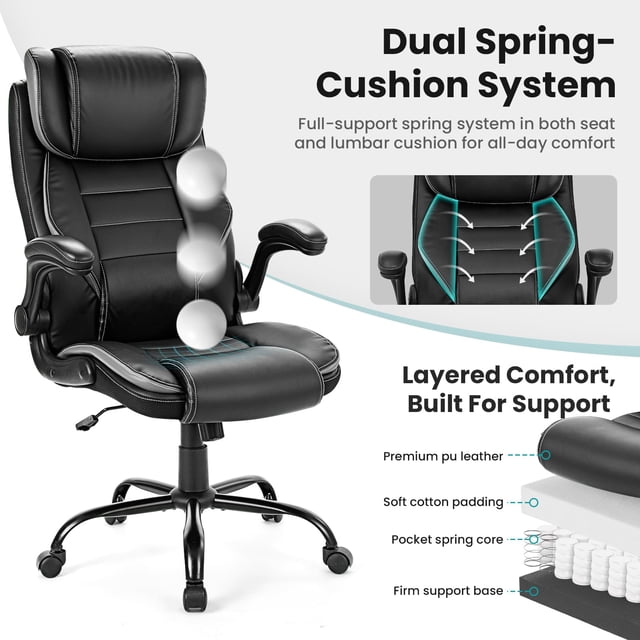 Kojooin Chaise de Bureau en Cuir, Chaise de Direction avec Coussin à Double Ressort, Appuie-Tête Réglable, Soutien Lombaire et Inclinaison