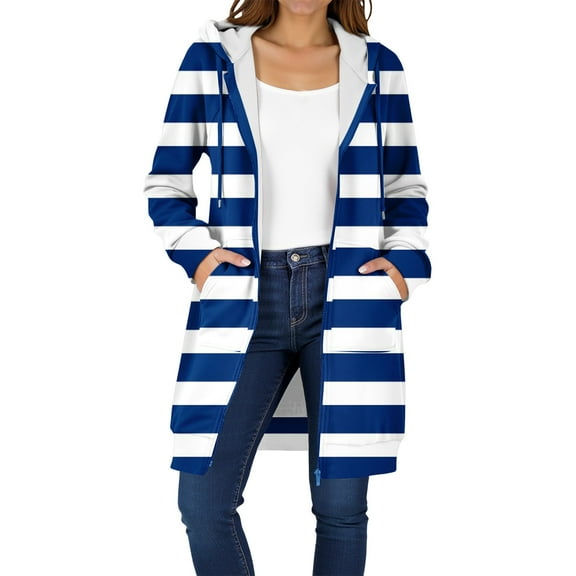 Riecok Casual Jackets for Women Long Sleeve Hooded Jackets Zip Up Striped Coats with Pockets Casual Everyday Clothes