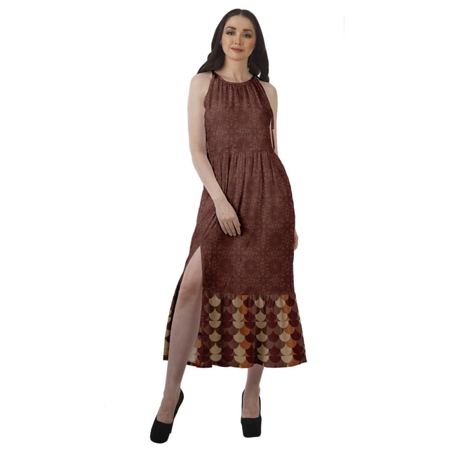 Moomaya Robe Longue Imprimée pour Femmes, Fente avant, Aguichant, Sans Manches, en Rayonne, Robe de Mariage