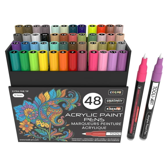 TOOLI-ART Acrylic Paint Pens 48 Markers Set Assorted Colors Limited Edition 0.7mm Extra Fine Tip
