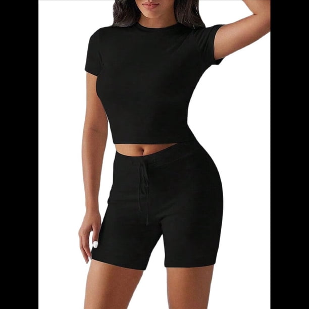 Conjuntos de Chándal de Dos Piezas de Verano para Mujer con Pantalones Cortos Ajustados Negro L