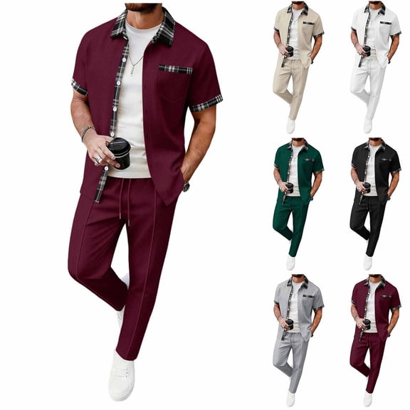 Mens Waffle Knit 2 Piece Sets Casual Short Sleeve Button Down Shirts and Loose Pants Summer Beach Vacation Outfits White