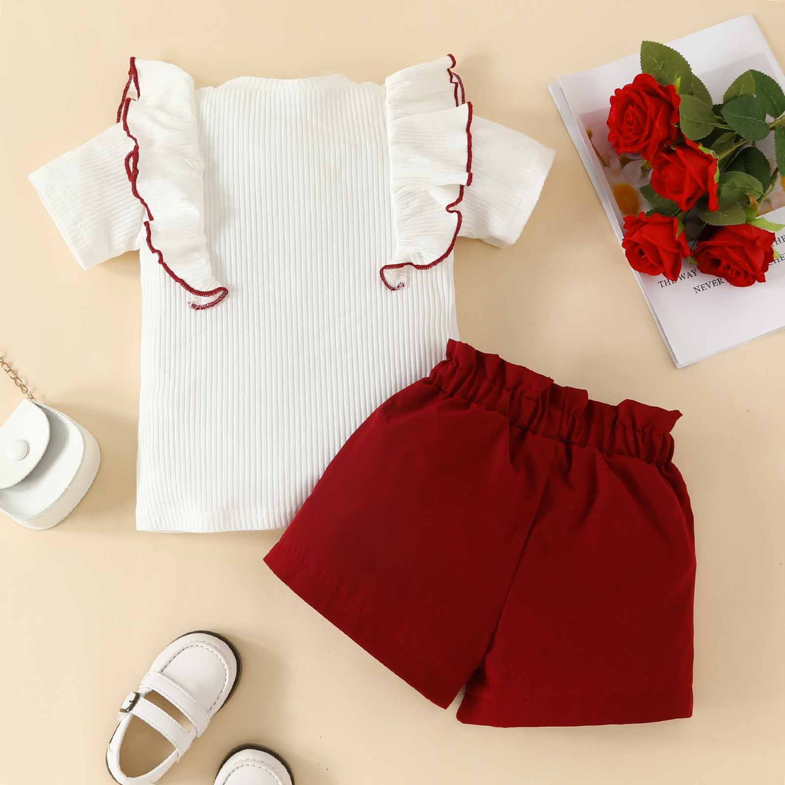 2pcs Toddler Girl 100% Cotton Solid Color Ruffled Camisole and Belted Shorts Set