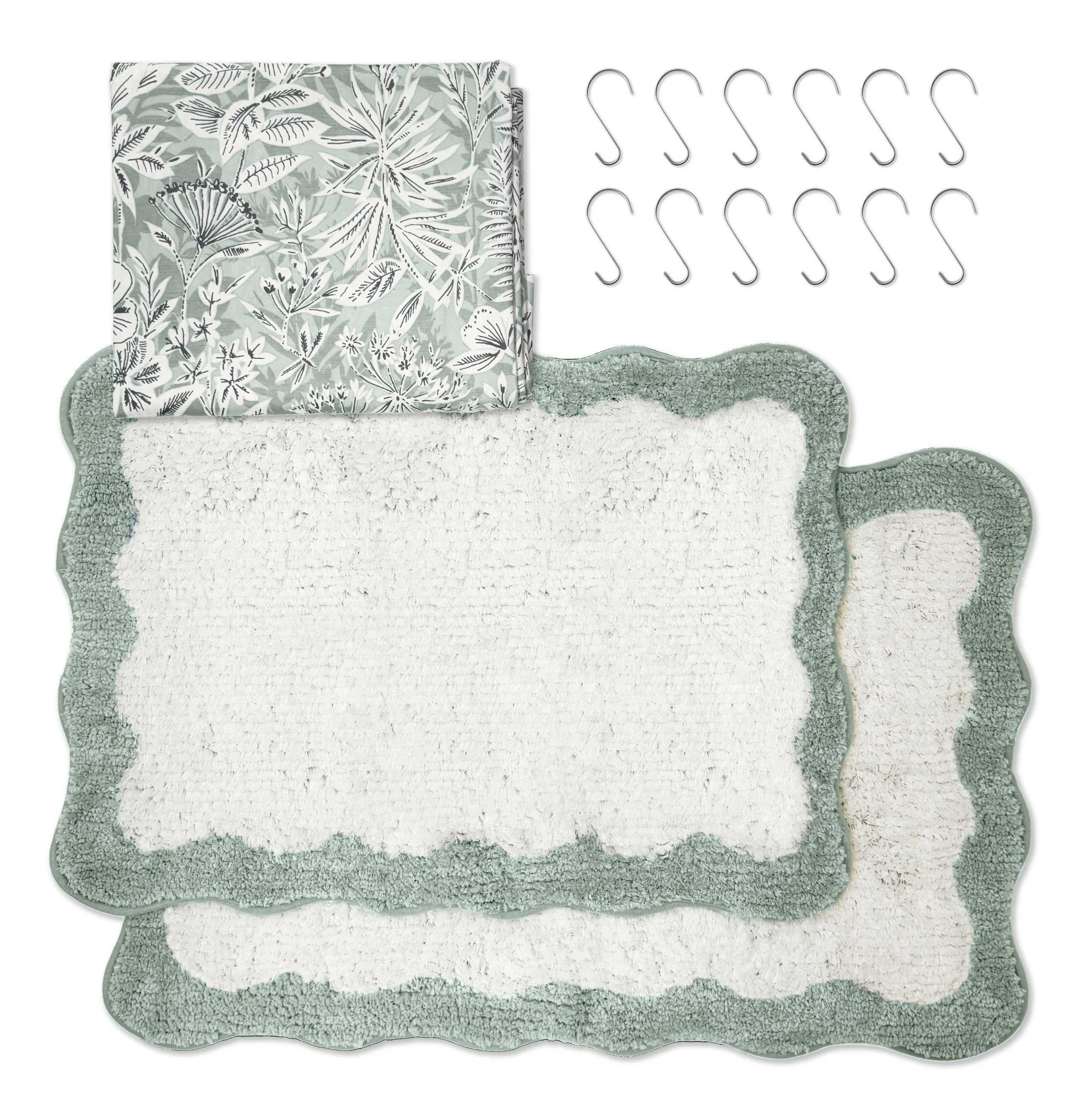 Mainstays 15-Piece Green Botanical Bathroom Set – Shower Curtain, Bath Rugs & Hooks, Nature-Inspired Design
