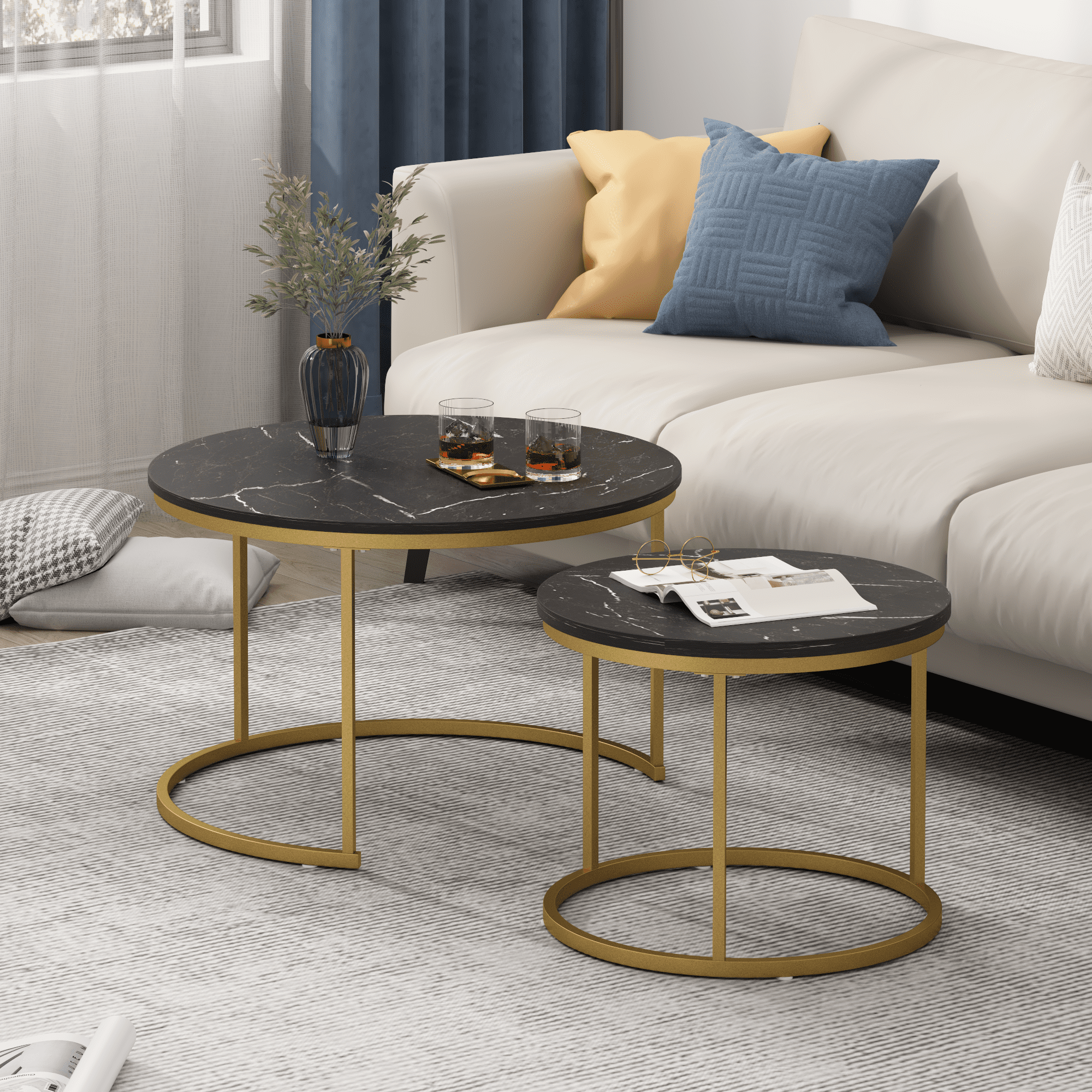 27.6in Nesting Coffee Table Set of 2, Black Round Table with Marble Pattern MDF Top, Sturdy Metal Frame, Multifunctional End Side Table for Living Room Bedroom Balcony Yard
