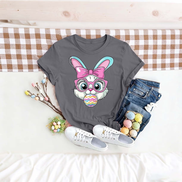 TaTaai Women's Cotton Easter Graphic T-Shirt Short Sleeve Crew Neck Loose Fit Casual Summer Chic Tee Family Daily Work Vacation Gift
