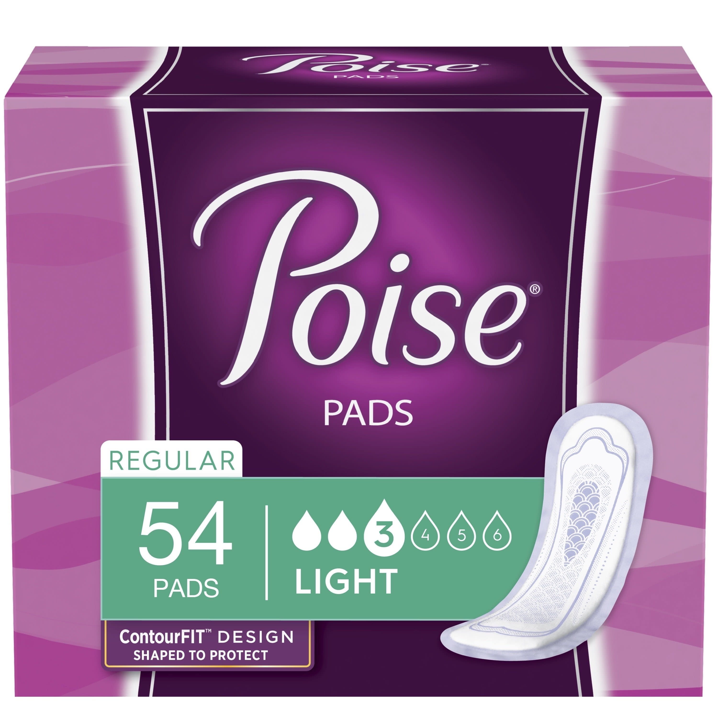 Poise Incontinence Pads, Light Absorbency, Regular, 54 Count Walmart