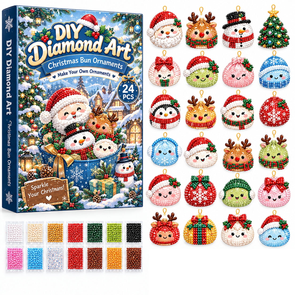 Christmas Diamond Art Advent Calendar Diamond Art Christmas Ornaments 24Pcs DIY Christmas Bun Ornament Kit Winter Town Scene Design With Full Supplies For Xmas Tree Home Holiday Decor Craft Gift B