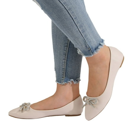 Mepaouo Women s Flats Shoes Ballet Leather Dress Shoes Bow Pointed Toe Slip on Shoes for Women