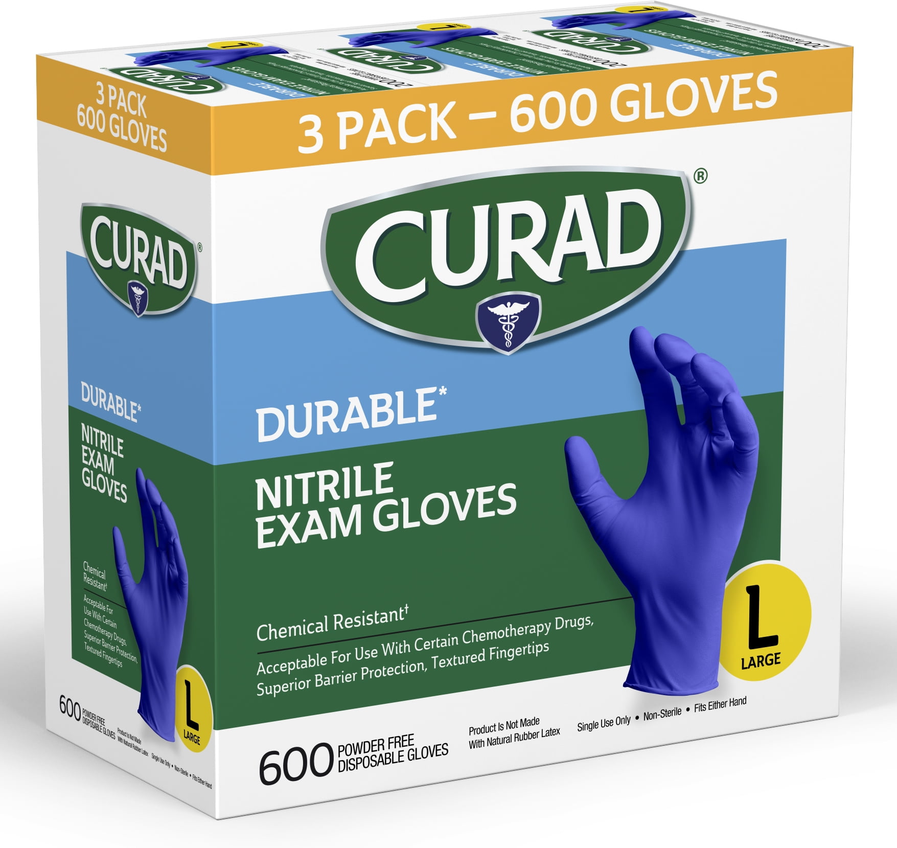 CURAD Nitrile Exam Gloves, Durable, Powder Free, Chemical Resistant, Large, 600 Count, Color May Vary
