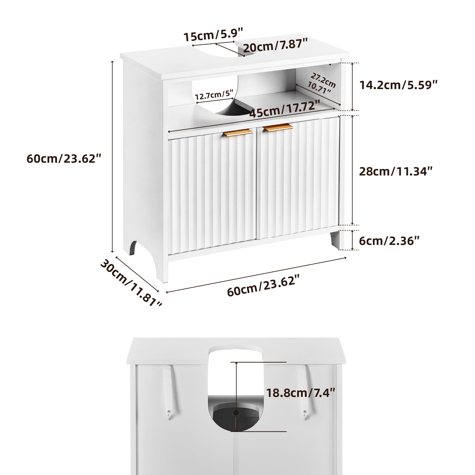 White Melamine Particleboard Bathroom Wall Cabinet 60×30×60cm Grille 2 Door Storage Vanity Cabinet with Inner Shelf