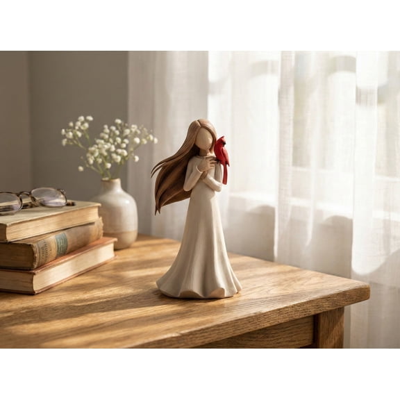 Cardinal Memorial Statue (7.9"), Hand-Painted Resin Angel Figurine Holding Red Bird, Sympathy Gift for Loss of Loved One, Bereavement Home Decor