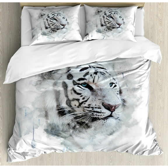 Animal Queen Size Duvet Cover Set, Artistic Portrait of a White Tiger Wild Nature Predator Watercolor Splashes, Decorative 3 Piece Bedding Set with 2 Pillow Shams, Black Grey White, by Ambesonne