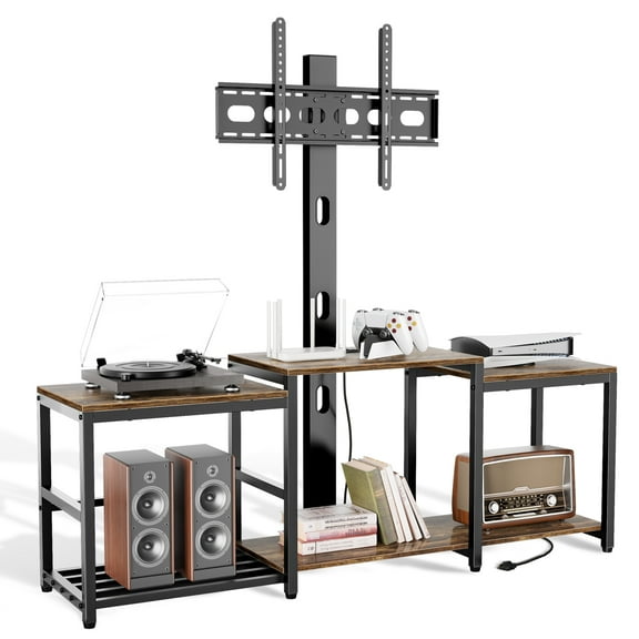 Aquzee 75 Inch TV Stand with Mount Power Outlet, Wood Entertainment Center with TV Mount Fit 55/65/75 in Television, 58” W Height Adjust Swivel Mounted Television Stand with Storage for Living Room