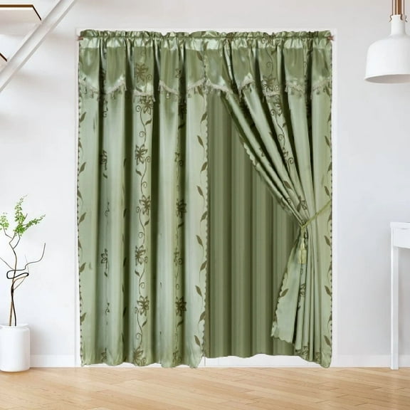 NADA SAGE GREEN COMPLETE WINDOW CURTAIN 8 PIECE SET, FAUX SILK, LEAF FLORAL 60" x 84"