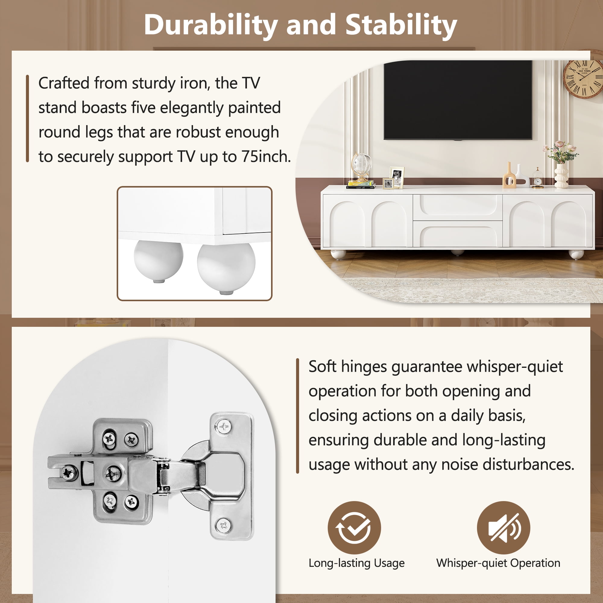 MAYEERTY Cream Style TV Stand - Arched Doors & 2 Drawers, Fits TVs up to 75"
