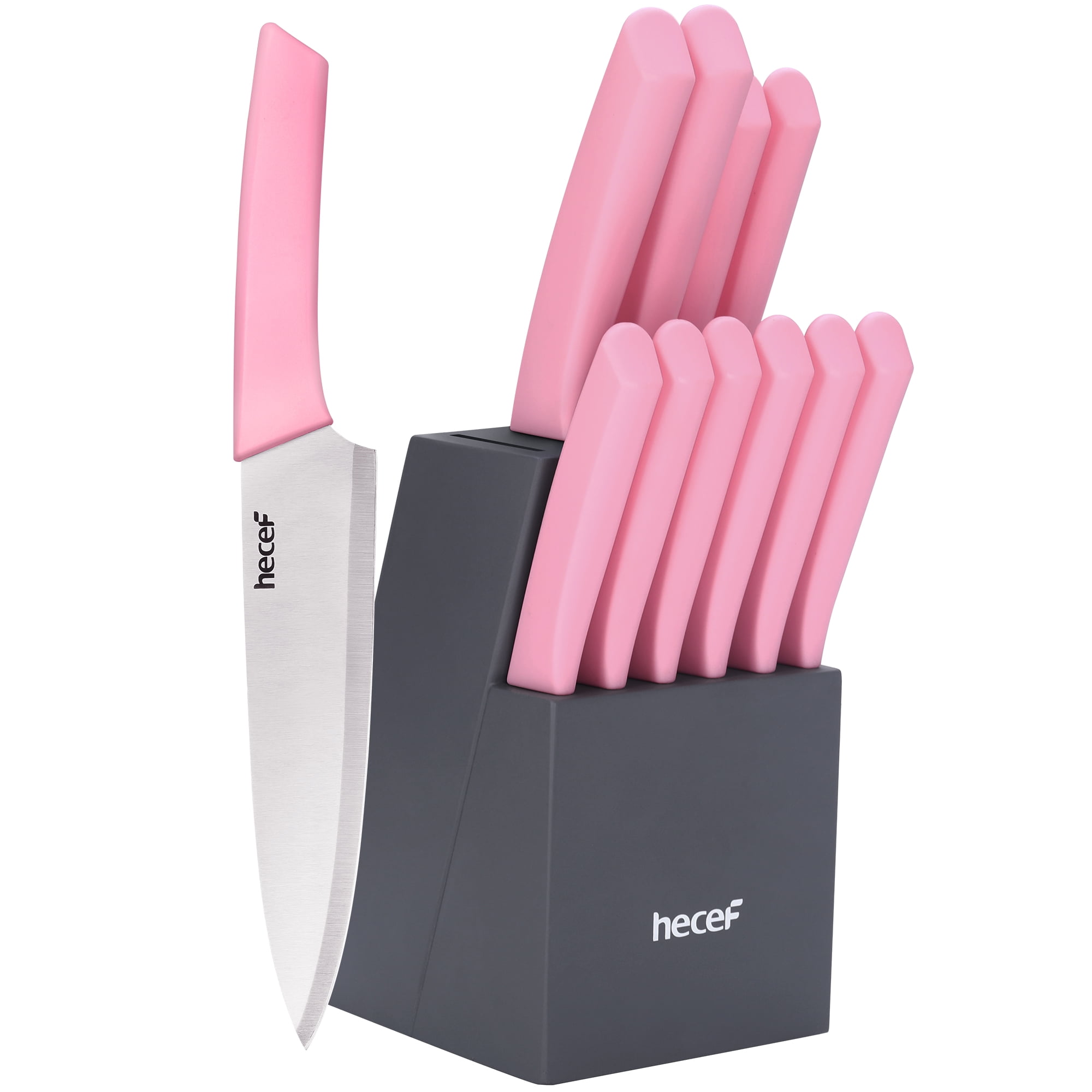Hecef 12-Piece Stainless Steel Kitchen Knife Block Set with Steak Knives