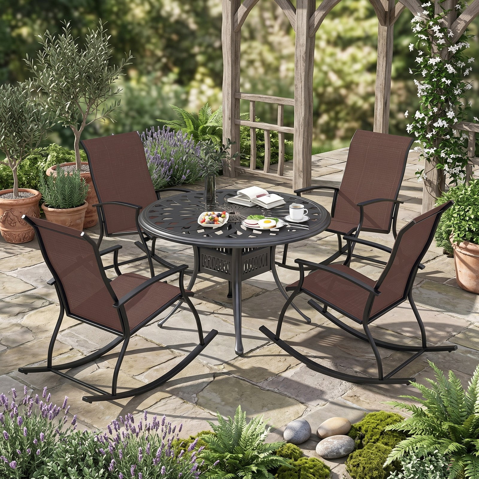 Furnibear Outdoor Rocking Chairs Set of 2 with Breathable Backrest and Rustproof Metal Frame for Backyard and Poolside, Brown