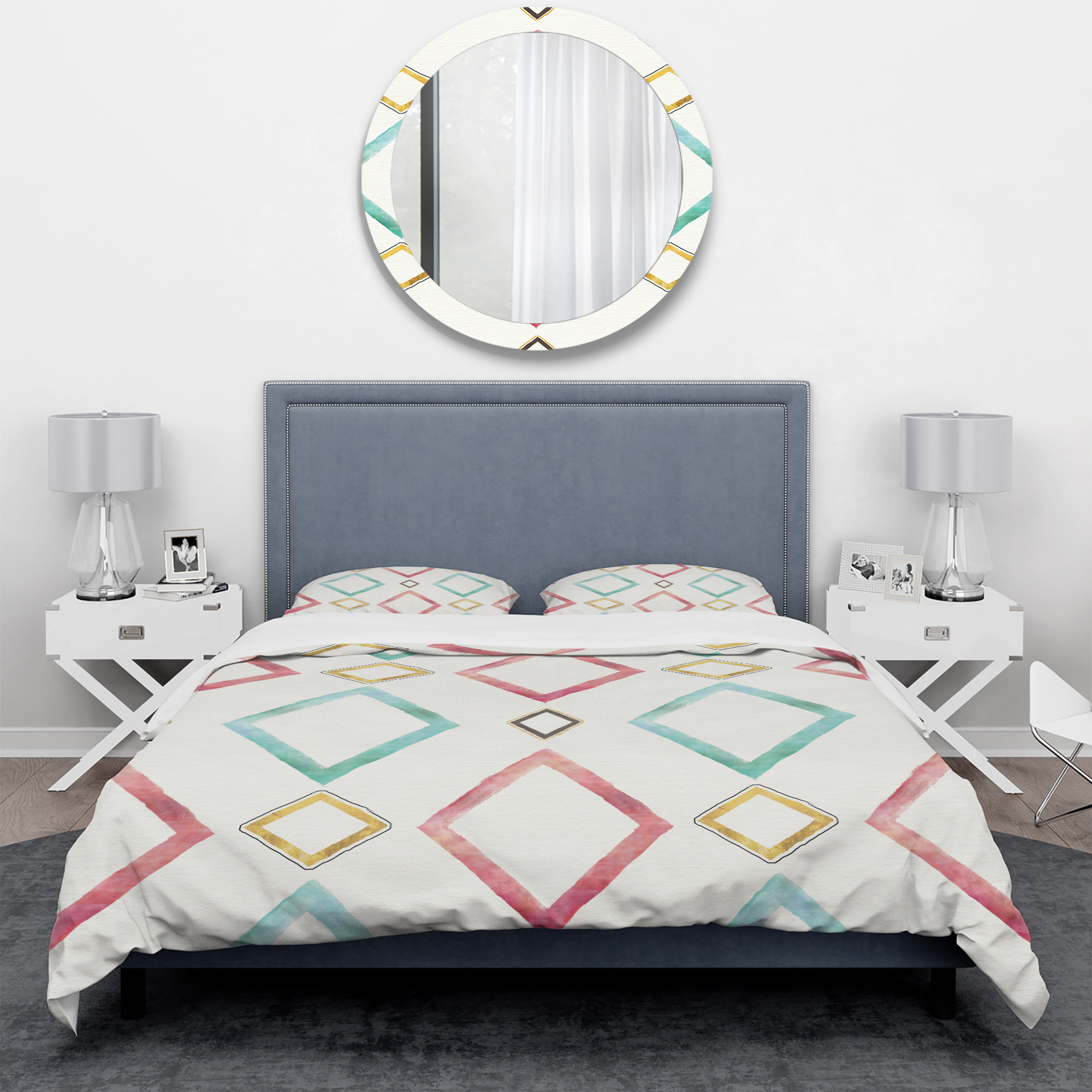 Designart 'Gilded Red and Blue Diamonds' Geometric Duvet Cover Set