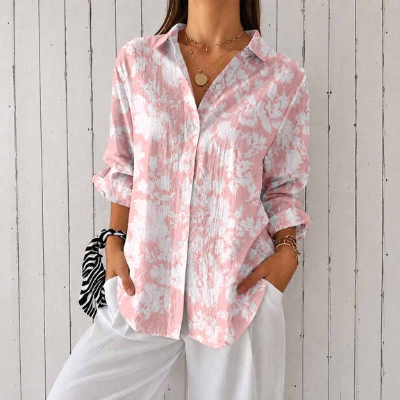 Women's Plus Size Floral Print Button Down Shirt, Long Sleeve Collared Casual Blouse with Roll-Up Sleeves and Loose Fit Tunic Top