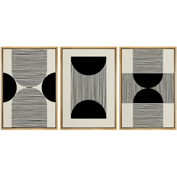 PixonSign Framed Canvas Print Wall Art Set Geometric Duotone Dark Black Stripe Figures Abstract Shapes Illustrations Modern Art Boho Decorative for Living Room, Bedroom, Office - 24"x36"x3 NATURAL