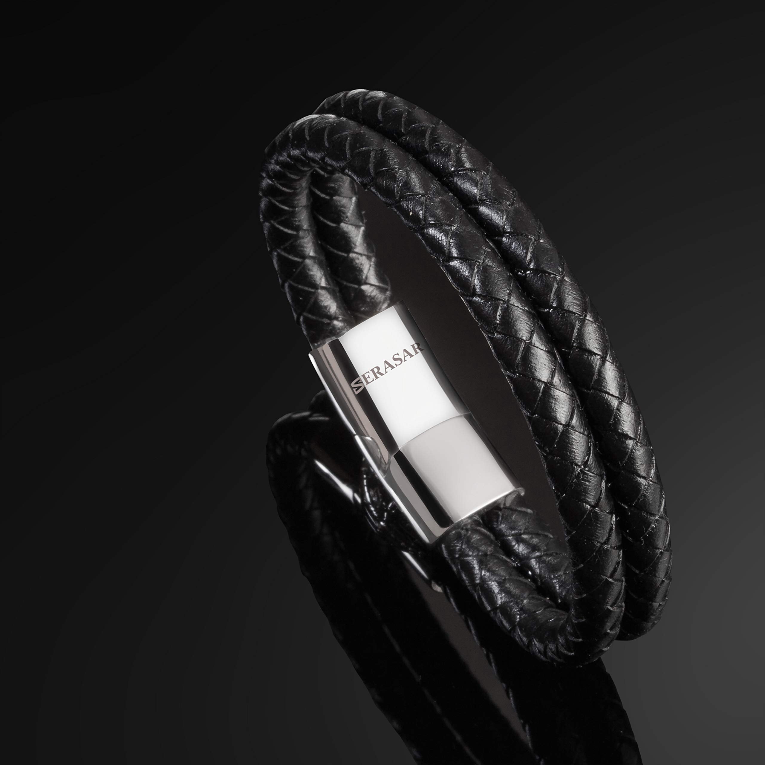 SERASAR Leather Bracelet for Men "Double" with stainless steel magnetic closure, Silver 23cm, including gift box