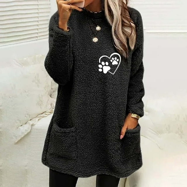 Qertyioot Hauts Grande Taille pour Femmes, Blouse à Manches Longues Chaude pour Femmes à Col Rond et d'Hiver, Ample, Imprimée, avec Poche