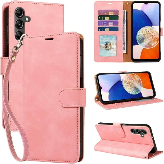for Galaxy A15 5G Phone Case,A15 Wallet Case RFID Blocking 4 Card Slots Holder,Wrist Strap,Shockproof Protective Stand Leather Magnetic Folio Flip Cover for Samsung A15 2024 (Pink)