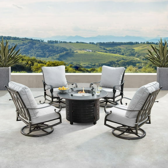 Outdoor Living and Style 5-Piece Gray and Black Outdoor Patio Fire Table with Deep Seating Swivel
