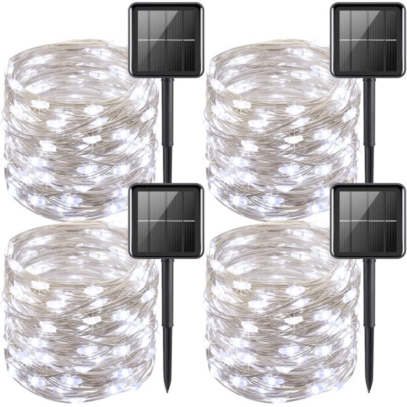 YEGUO Luces solares de hadas para exteriores, impermeables, paquete de 4 cada una, 33 pies, 100 luces LED solares, color blanco, 8 modos, luces solares de alambre plateado