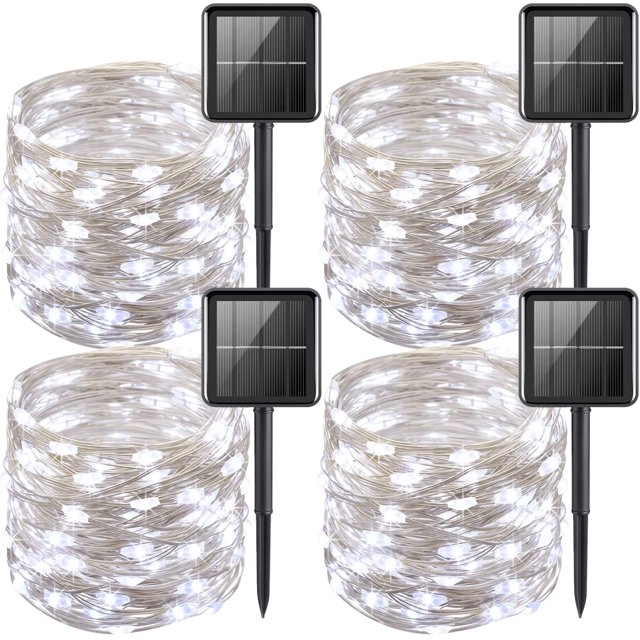 YEGUO Luces solares de hadas para exteriores, impermeables, paquete de 4 cada una, 33 pies, 100 luces LED solares, color blanco, 8 modos, luces solares de alambre plateado
