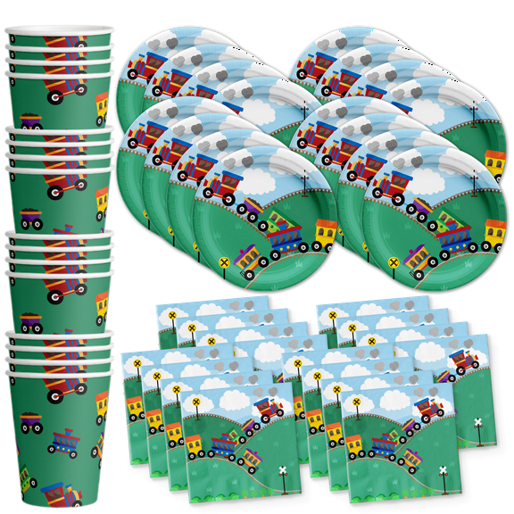 Train Birthday Party Supplies Set Plates Napkins Cups Tableware Kit for 16