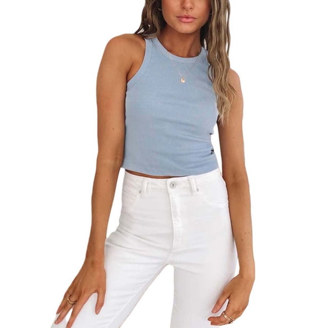Kmbangi Women's Summer Slim Knit Tank Tops, Solid Color Sleeveless Round Neck Ribbed Crop Tops Causal Streetwear