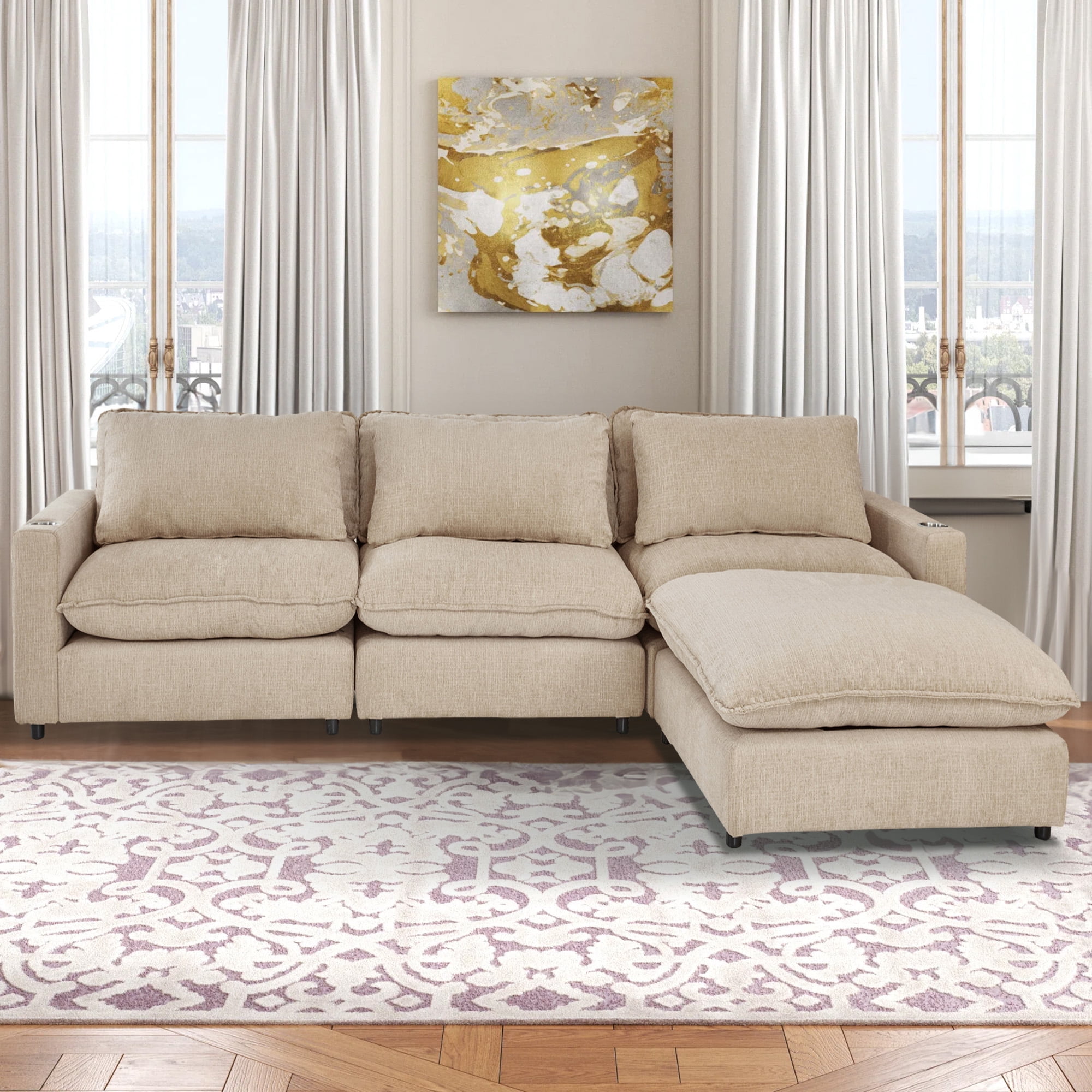 Aukfa 128" Modular Sectional Sofa with Cup Holders, Chenille L Shaped Couch with Convertible Chaise, Beige