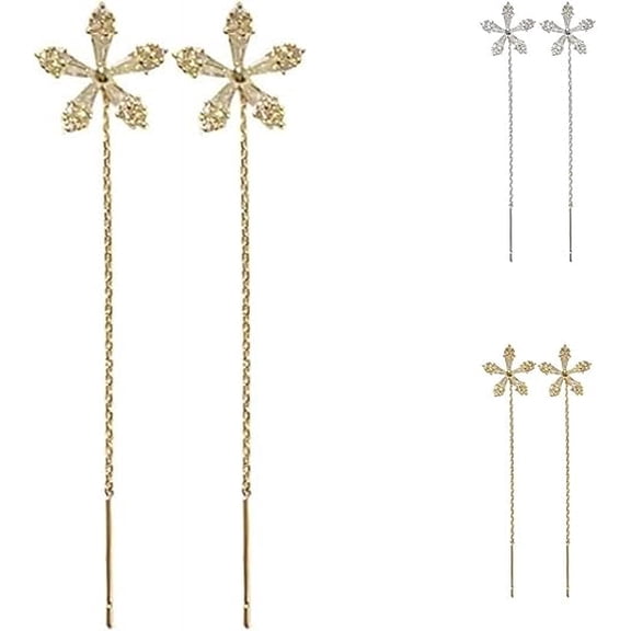 Shiny Diamond Flower Earrings, Sparkling Crystal Flowers Silver Needle Tassel Earrings, Valentine's Day Gift(Gold)