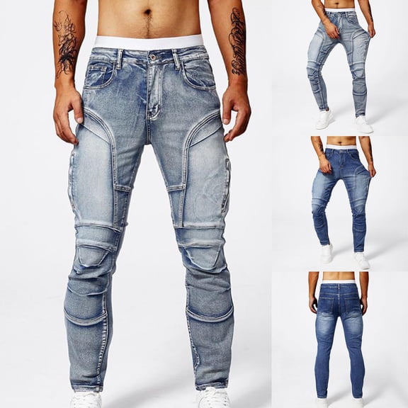 THDHVS Jeans for Men,Men's Pants,Men Washed Denim Cargo Pants Tapered Leg Stretch Fits for Motorcycle Style Dark Blue