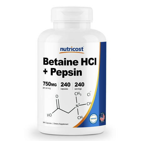 Nutricost Betaine HCl + Pepsin 750mg, 240 Capsules - Gluten Free &