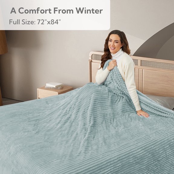 SUNNY HEAT Heated Electric Blanket Ribbed Flannel 72"x84" Full Size - 10 Heating Settings & 2/4/6/8/10/12 Hours Auto off, Thick and Warm Washable - Mint Green