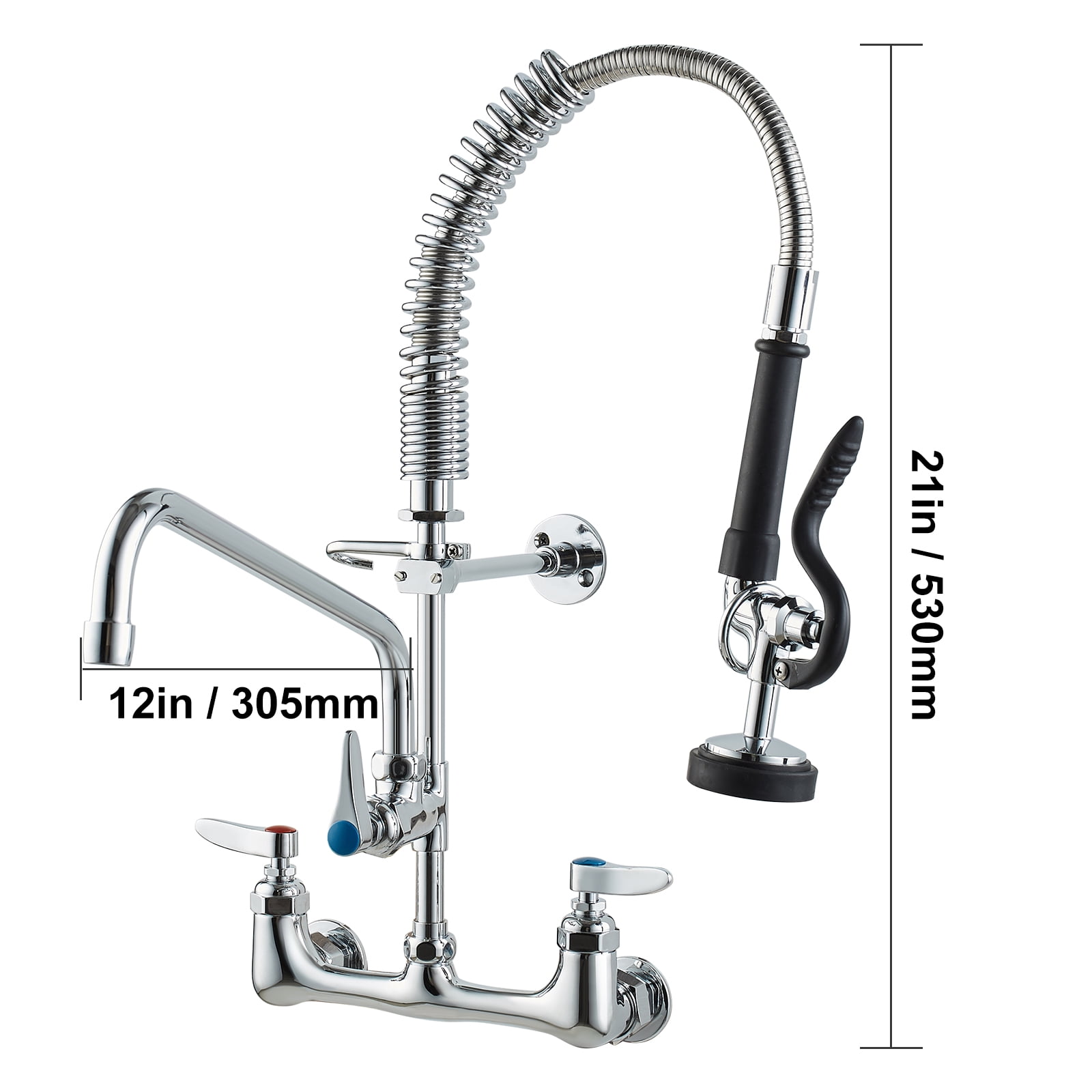 VEVOR Wall-Mounted Brass Kitchen Faucet, 21" Tall, 8" Installation Width, Includes 12" Rotating Spout and Pull-Down Sprayer, Suitable for Single, Double, or Triple Sinks