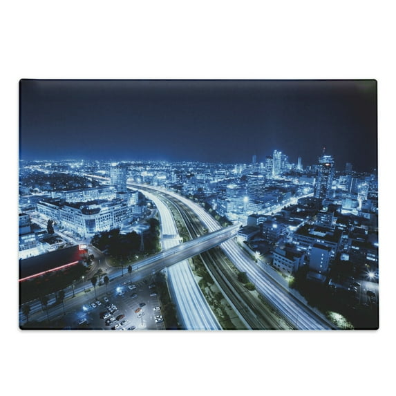 Travel Cutting Board, Aerial View Tel Aviv Night Ayalon Highway City Life Modern Panorama Photo, Decorative Tempered Glass Cutting and Serving Board, Large Size, Dark Blue Pale Blue, by Ambesonne