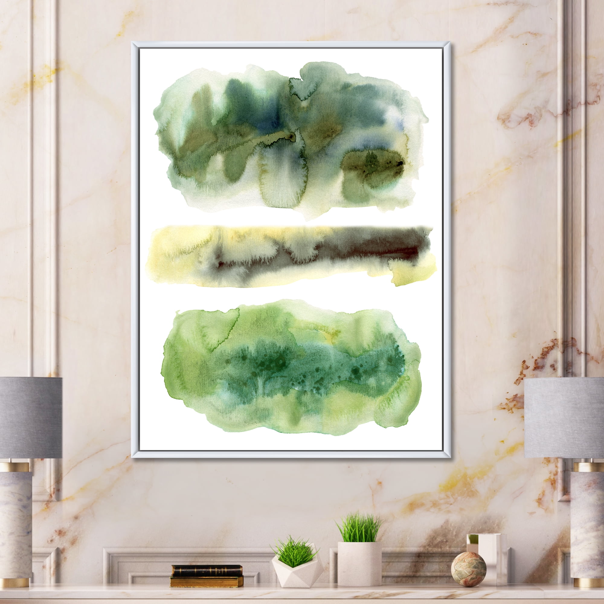Designart 'Golden Green Abstract Clouds III' Modern Framed Canvas Wall Art Print