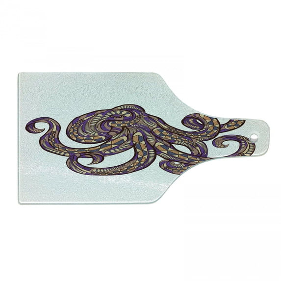 Octopus Cutting Board, Octopus Illustration with Pattern and Colors Style Art Print, Decorative Tempered Glass Cutting and Serving Board, Wine Bottle Shape, Purple Mustard, by Ambesonne