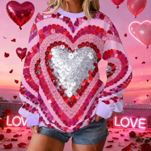 Uootdi Valentine's Day Sweatshirt for Women Crew Neck Love Heart Printed Graphic Sweatshirts Casual Holiday Long Sleeve Graphic Tee Tops Gift