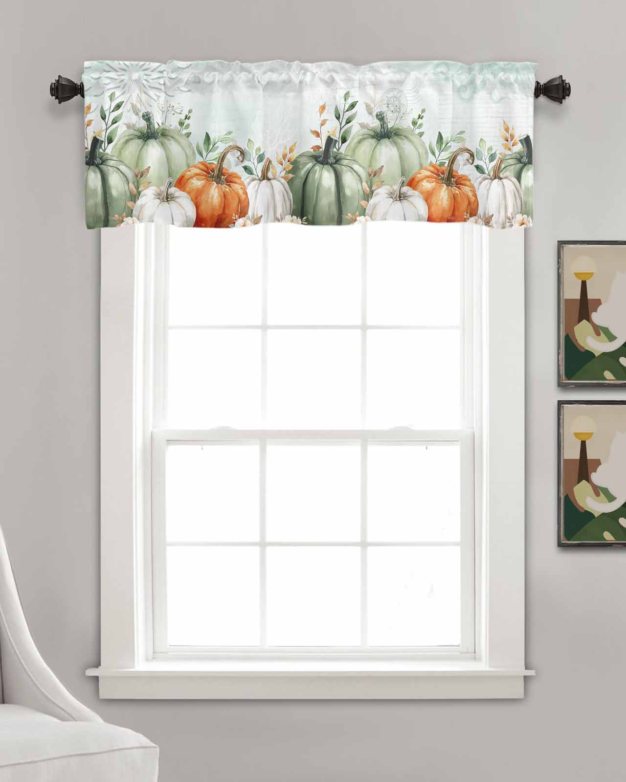Autumn Pumpkin Kitchen Valances for Windows Farmhouse Linen Window Valance Curtain for Living Room Window Treatment Sage Green Thanksgiving Eucalyptus Leaves Valance Rod Pocket Topper, 42 x 18 Inch