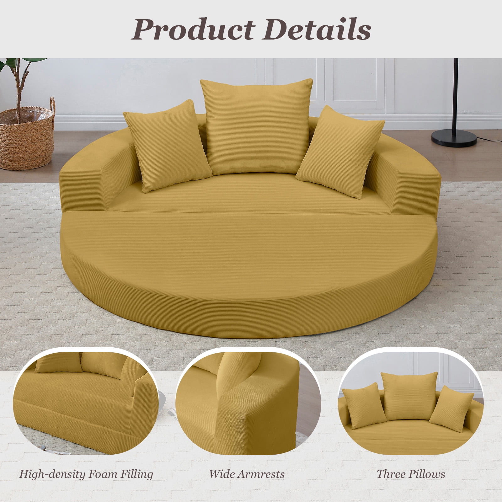 MOONMISS Convertible Sofa Couch Bed,Multi-Functional,Circular Bed,Adjustable Futon Sofa For Apartment Office Bedroom Living Room,Yellow