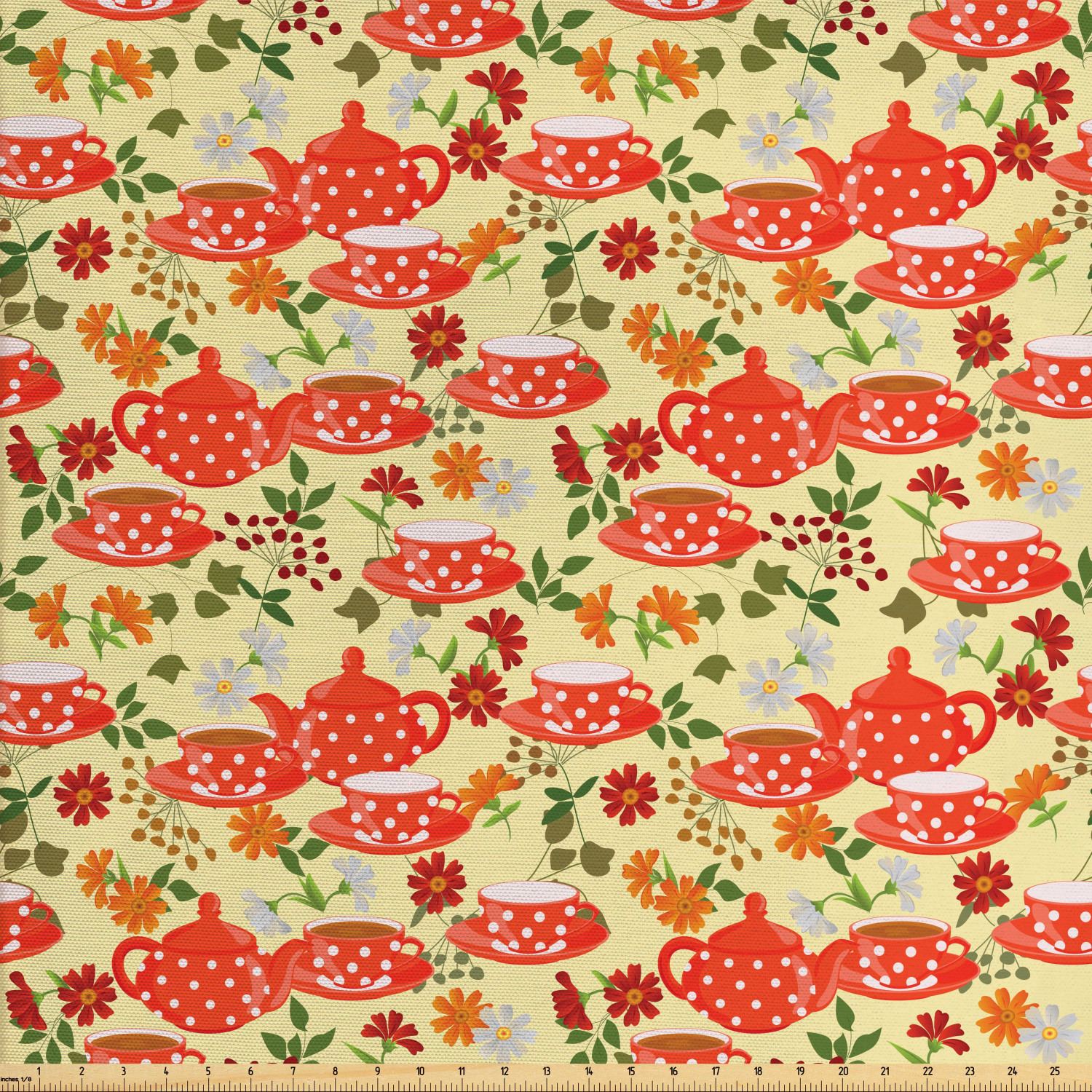 Tea Party Fabric by The Yard, Traditional Polka Dots with Teapot and