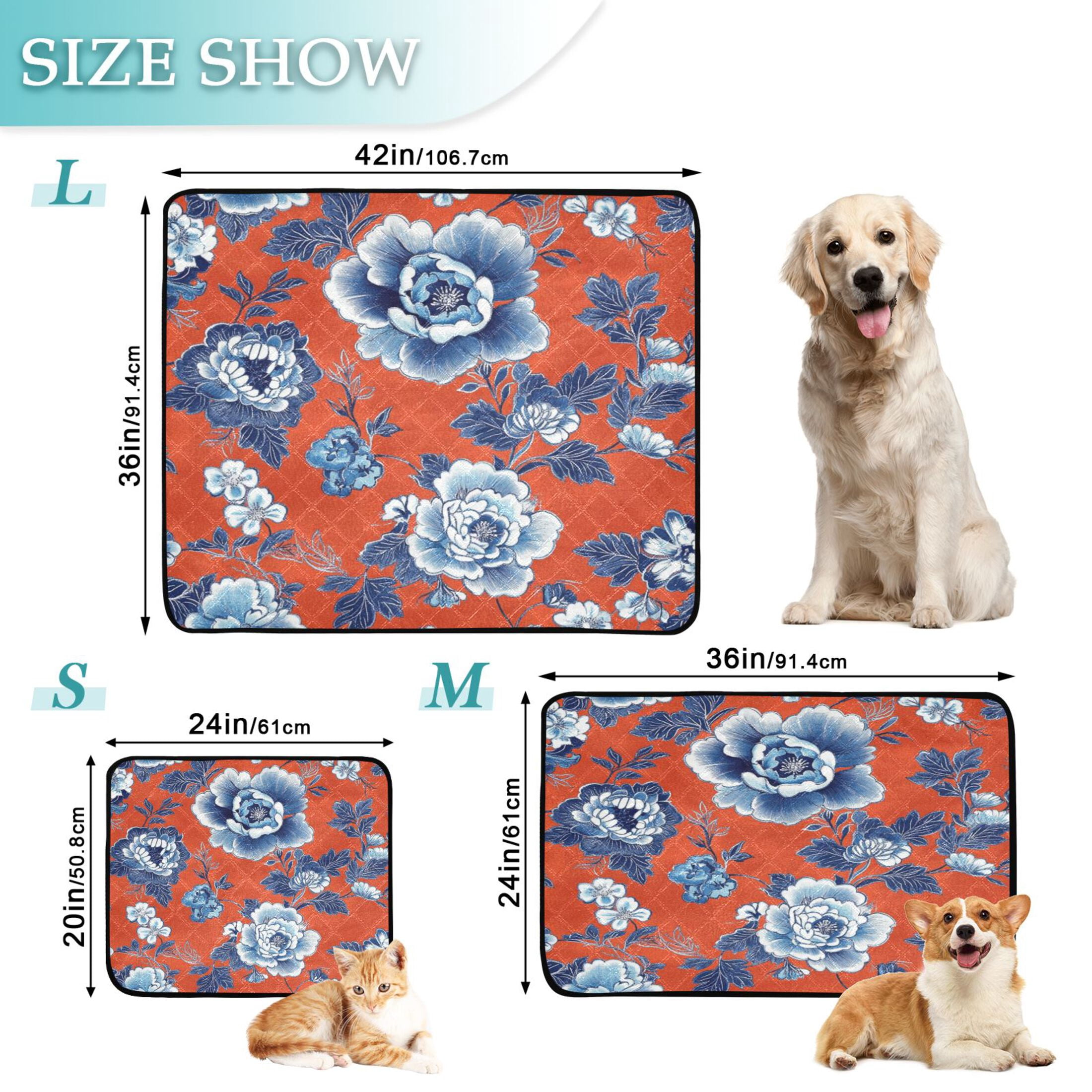 Qxltty Navy Blue Porcelain Flower Pattern Cat litter Pads Pet Set of 2 Diaper Mats Center Anti-leakage Layer Absorbent Soft and Comfortable